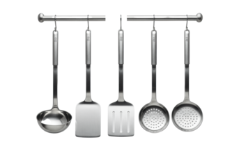 Set of six modern stainless steel kitchen utensils hanging from a rail against a transparent background. Concept of professional culinary tools