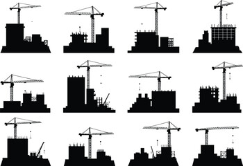 Obraz premium Construction, Site, Crane, Building, Tower, Framework, Structure, Industrial, Project, Development, Architecture, Engineering, Worker, Safety, Urban, City, Equipment, Vector, Icon, Silhouette