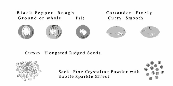 Illustrative comparison of various spices black pepper coriander cumin and curry