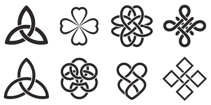 Endless knot, cultural symbol of Buddhism, sacred Celtic intertwined knot patterns, medieval decorative ornament design vector illustration.