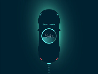 Electric Vehicle Dashboard UI interface with car top view silhouette rim light effect showcasing battery charging vector design concept. EV charging design for EV Car, EV station, ui, clean energy.
