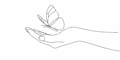 A delicate butterfly gently landing on a human hand line art style © Ankan