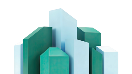 Abstract geometric sculptures in teal and light blue