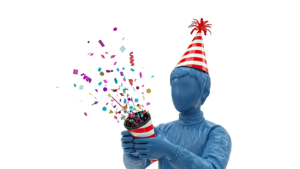 Blue Figure in Party Hat Explodes Confetti from Popper