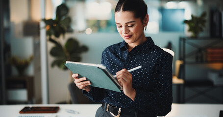 Creative, woman and writing in office with tablet for graphic design, marketing project and...