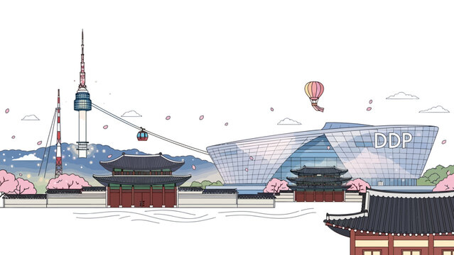 Seoul skyline with traditional palace and modern DDP building