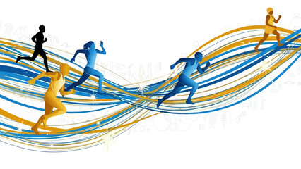 Athletes racing on abstract dynamic wavy lines, competition, motion