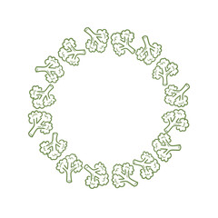 Cute broccoli wreath frame in hand drawn outline style.