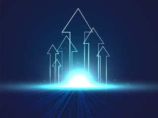 Futuristic technology vector design with upward arrows soaring from bright blue light effect, symbolizing artificial intelligence evolution, high-tech direction, and advanced digital transformation.