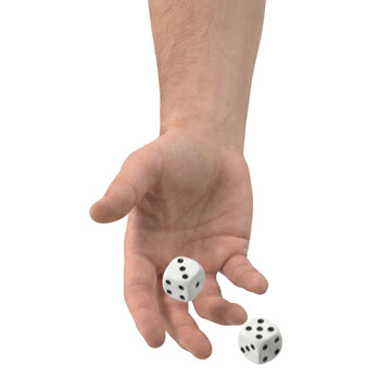 Hand throwing two white dice on transparent background