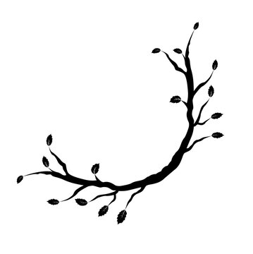 Minimalist black silhouette of a curved tree branch with jagged leaves for botanical logo and nature border design