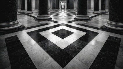 Monochromatic Grand Hall - Reflective Marble Floor, Classical Columns, and Geometric Symmetry.