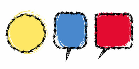 Three colorful speech bubbles in yellow blue and red with rough edges
