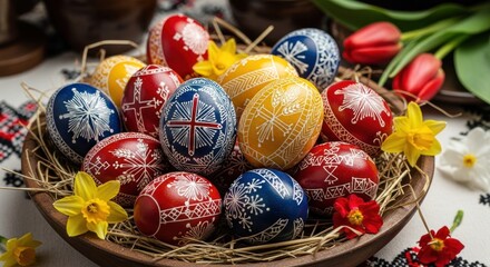 Colorful Easter Eggs in Wooden Bowl.
