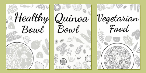 Fototapeta premium Three decorative panels showcasing healthy quinoa bowls and vegetarian food options