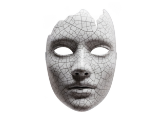 Cracked white venetian masquerade ball mask with cracked surface and empty eye holes isolated on transparent background