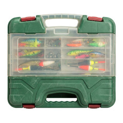 Green plastic tackle box with fishing lures on transparent background