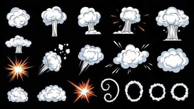 A professional comic book explosion icons set featuring pop art vector illustrations of cartoon boom bursts and hero style sun signs for promotion posters or best price sale labels - Powered by Adobe
