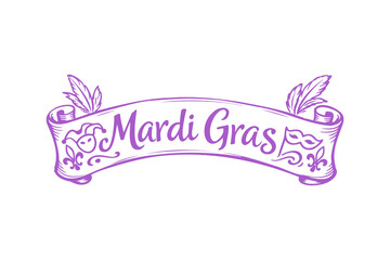  Hand drawn Mardi Gras lettering text on decorative ribbon banner carnival Doodle illustration design  © Digital