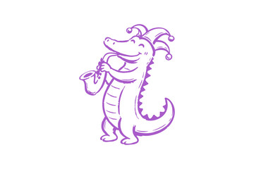 Funny alligator musician playing saxophone wearing a jester hat Hand drawn Mardi Gras carnival Doodle illustration design  © Digital