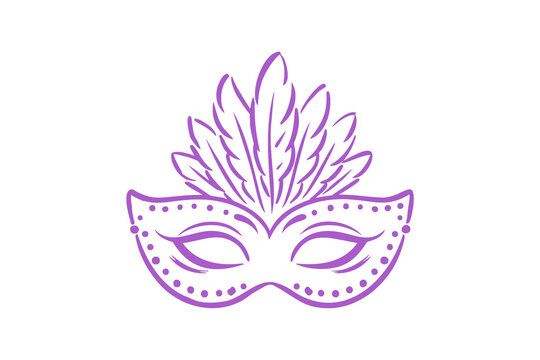 Hand drawn Mardi Gras masquerade mask with feathers sketch carnival Doodle illustration design 