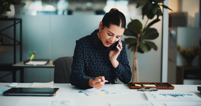 Creative agency, phone call and woman with graphs, paperwork and notes for article report. Business person, journalist and project management in office with checklist, feedback or proposal with tech - Powered by Adobe