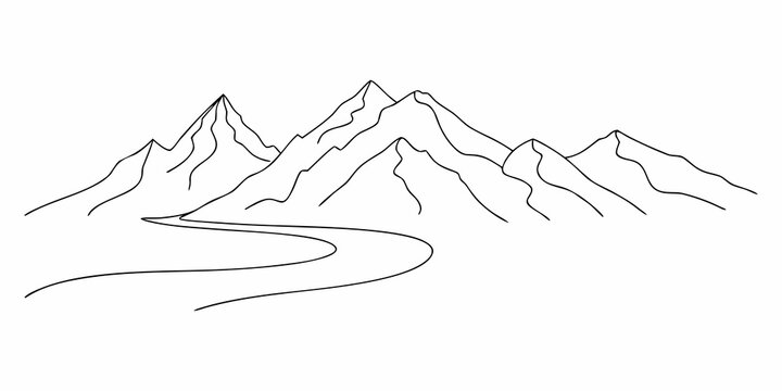 A winding road leads toward majestic simple mountain range drawing