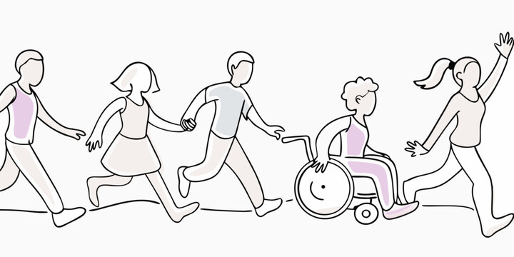 Diverse group of people running and walking together including someone in a wheelchair