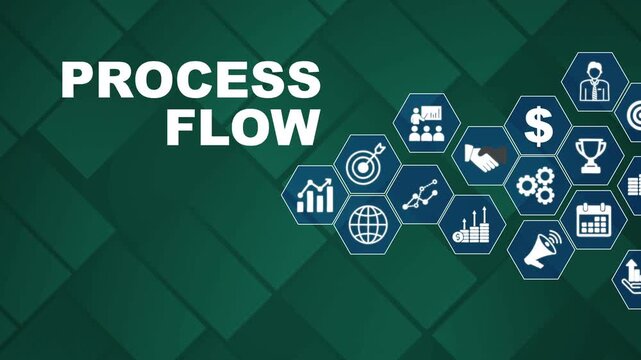 Business process flow chart with hexagons and on green background for workflow and strategy planning