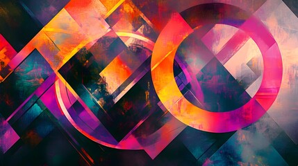 Vibrant abstract composition featuring overlapping geometric shapes circles and square elements rendered in intense neon colors and textural brushstrokes creating dynamic visual energy