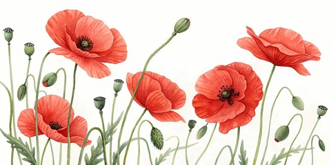 Obraz premium Red poppies and red flowers blooming beautifully in a garden with vibrant natural colors watercolor painting