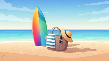 Fototapeta premium Vibrant summer beach scene illustration with a colorful surfboard, a stylish straw hat, and a striped towel on the sand, perfect for a sunny vacation getaway