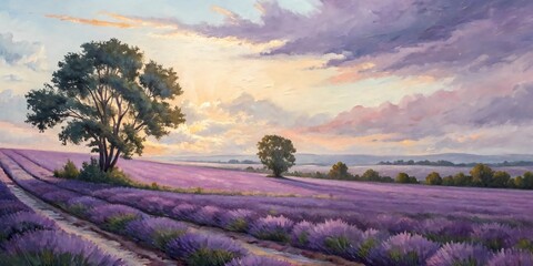 Lavender field in Provence France at sunset with purple flowers under a colorful summer sky watercolor painting 