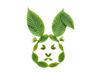 Creative green leafy rabbit face illustration isolated on transparent background