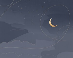 Stylized golden crescent moon and scattered stars in a dark blue sky with abstract flowing cloud shapes and delicate gold line accents Keywords: crescent moon, stars, night sky, celestial, golden