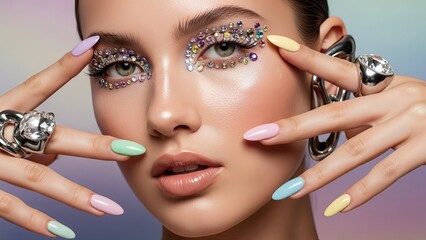 Woman with Rhinestone Makeup and Colorful Nails Posing with Hands near Face