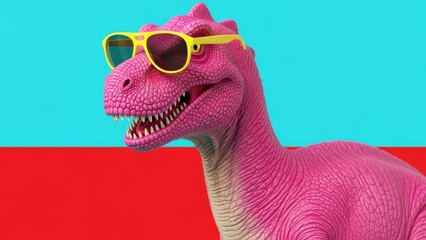 Vibrant Pink Dinosaur Wearing Yellow Sunglasses, Funny Cartoon Character with a Cool Attitude against a Bright Blue and Red Background