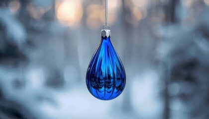 An elegant glass ornament shaped like a teardrop, featuring blue highlights and reflective surfaces for a refined, artistic look.