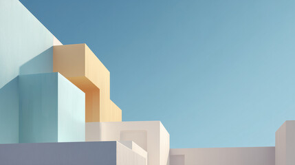 Fototapeta premium Abstract Minimalist Architecture Featuring Geometric Shapes and Soft Color Palette Against Clear Sky Background in Modern Urban Setting