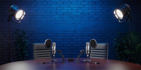 Modern Podcast Studio with Cameras Lights and Microphones for Video Podcast and Media Production