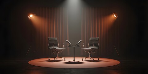 Podcast Interview Stage with Two Chairs and Microphones Under Spotlights Creating Talk Show Scene