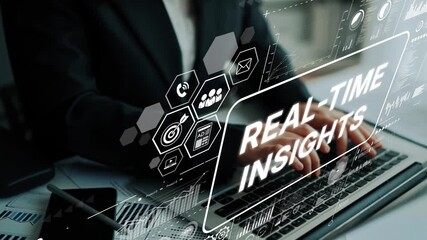 Business professional working on laptop with digital interface showcasing real-time insights and data analysis concepts in modern workspace. Asymptotic smart data analytic. - Powered by Adobe