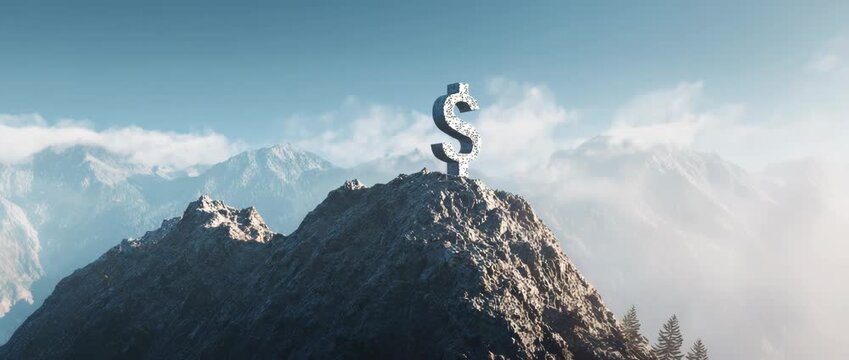 A money stands atop mountain peak against a clear blue sky, symbolizing financial success, ambition
