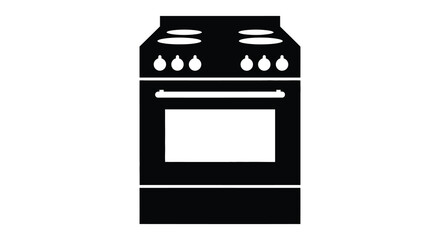 A simple black and white illustration depicting a classic kitchen stove in a flat silhouette