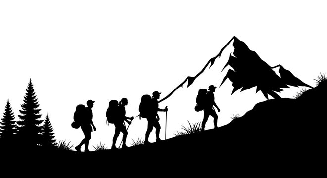 Silhouette vector illustration of a group hiking on a mountain trail in monochrome showing their