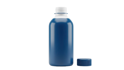 Blue liquid in a plastic bottle with cap removed