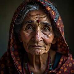 Intense Elderly Woman with Floral Shawl Looking Forward Portrait