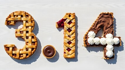 Pie numbers on white background with chocolate and whipped cream toppings