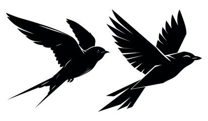 Obraz premium Flying Swallow Bird Silhouette Vector Set, Minimalist Black Birds in Flight with Spread Wings, Elegant Wildlife Avian Illustration Isolated on White Background