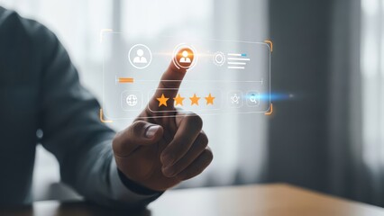 Person interacting with a digital interface displaying rating icons and user profiles on a transparent screen